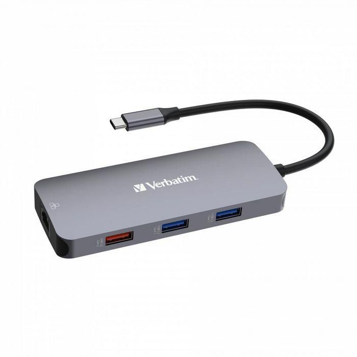 Verbatim Hub Pro USB-C a 1xUSB 3.2, 2xUSB 3.2, 1xHDMI, 1xRJ45, 2xUSB-C, 1xSD, 1xMicroSD Plata con Transferencia hasta 10 Gbps