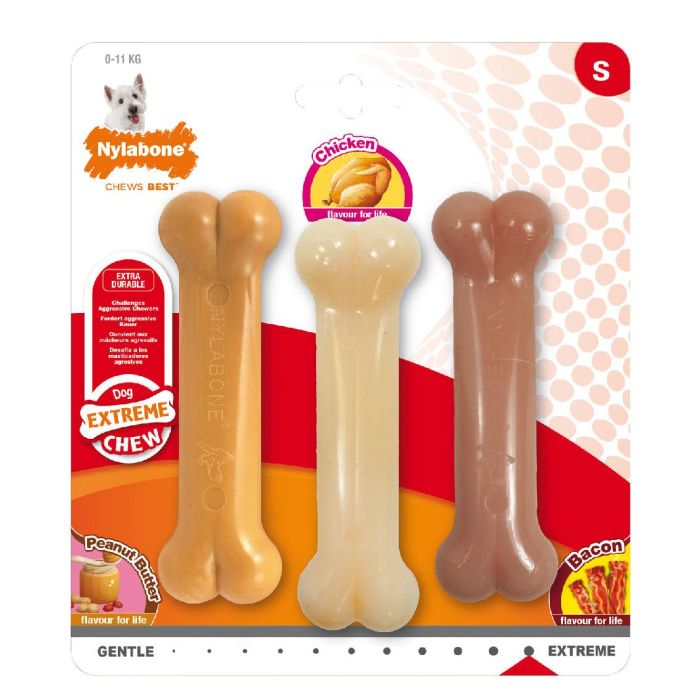 Nylabone Mordedores de Nylon Extremo Value Pack para Perros, Tamaño S, 3 Huesos Sabor Cacahuete, Original y Bacon 1 Nylabone Mordedores de Nylon Extremo Value Pack para Perros, Tamaño S, 3 Huesos Sabor Cacahuete, Original y Bacon 1