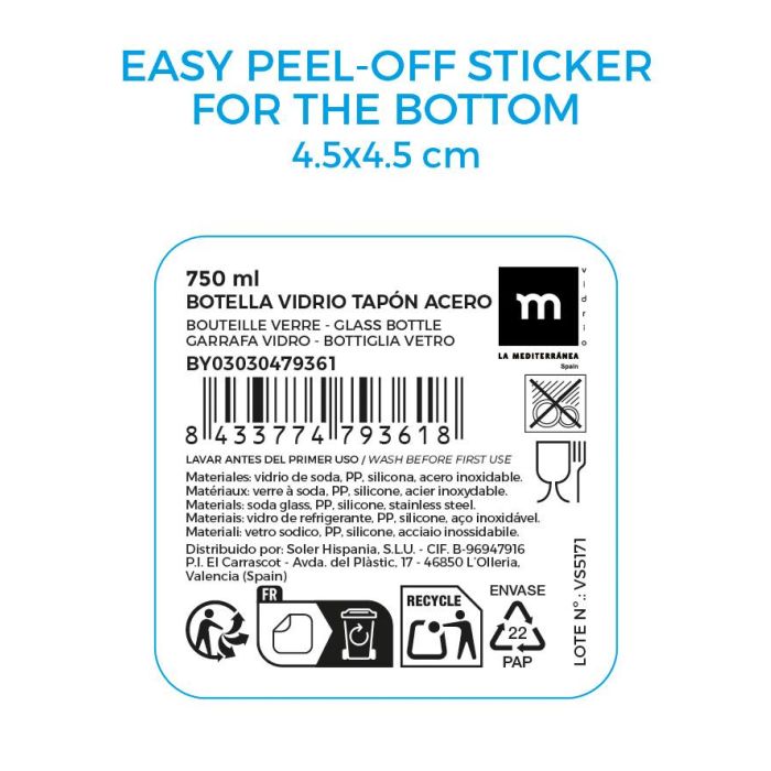 Inde Botella de Vidrio Transparente 750 ml con Tapa de Acero La Mediterránea 7.7 x 7.7 x 21 cm 3