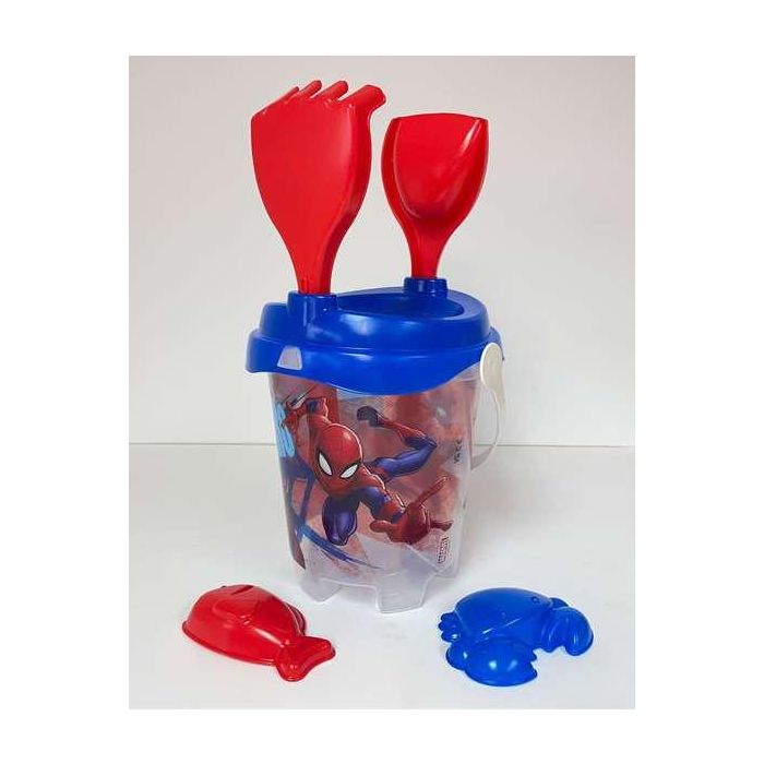 Unice Cubo de Playa Castillo Spiderman Transparente con Cedazo, Pala, Rastrillo y Moldes