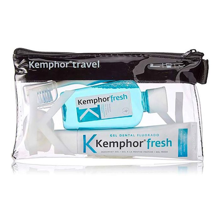 Kemphor Estuche de Viaje Higiene Bucal Completo con Cepillo, Dentífrico, Enjuague y Seda Dental - Colores Surtidos