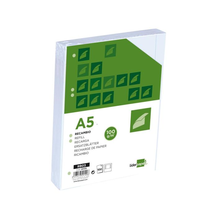 Recambio Liderpapel A5 100H 100 gr-M2 Liso Doble Margen6 Taladros