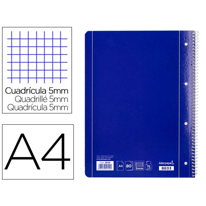 Cuaderno Espiral Liderpapel A4 Micro Serie Azul Tapa Blanda 80H 80 gr Cuadro5 mm Con Margen 4 Taladros Azul 5 unidades