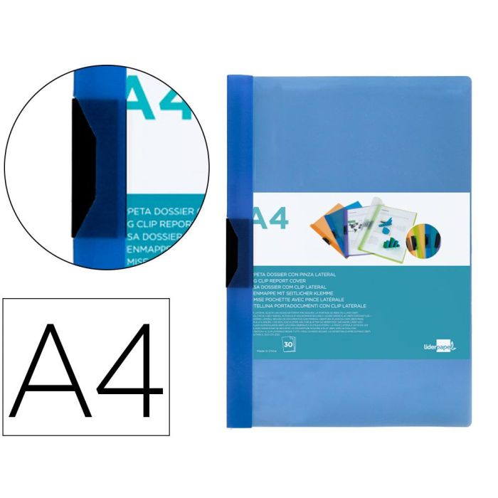 Carpeta Liderpapel Dossier Pinza Lateral 45302 Polipropileno Din A4 Azul 30 Hojas Pinza Deslizante