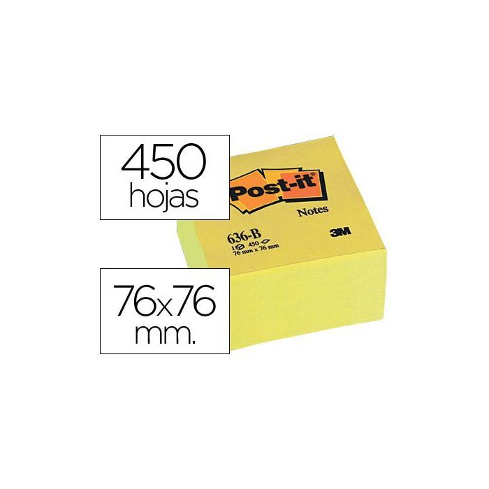 Bloc De Notas Adhesivas Quita Y Pon Post-It 76x76x45 mm Cubo Color Amarillo 450 Hojas