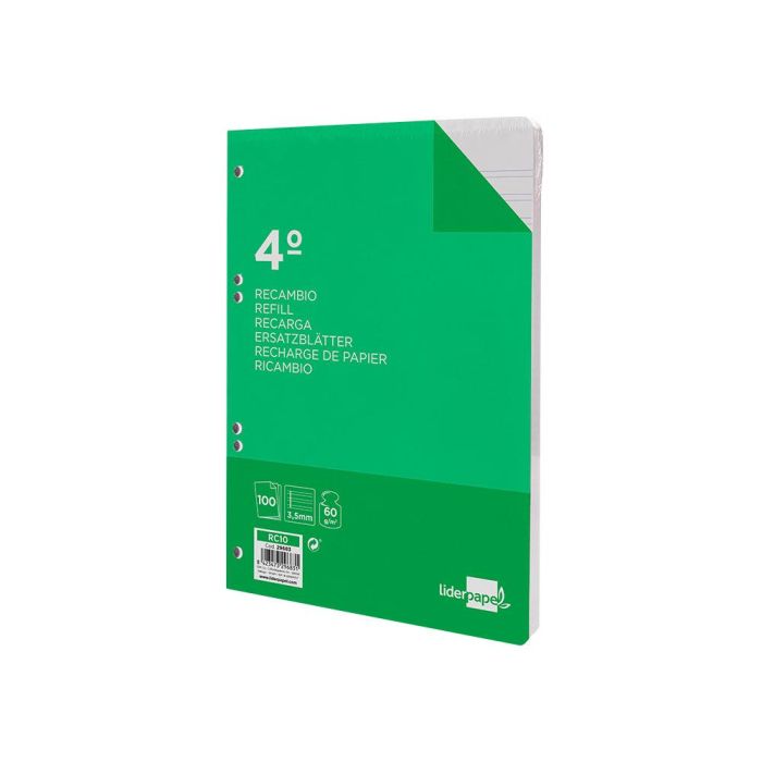 Recambio Liderpapel Cuarto 100 Hojas 60 gr-M2 Pauta 4ª 3.5 mm Con Margen 6 Taladros 1