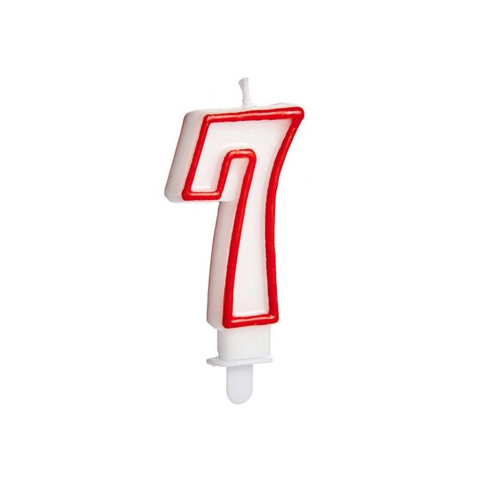 Vela Cumpleaños Número 7 Blanca con Borde Rojo - Arte Regal 4.2x8.2x1 cm (72 Unidades) 1 Vela Cumpleaños Número 7 Blanca con Borde Rojo - Arte Regal 4.2x8.2x1 cm (72 Unidades) 1
