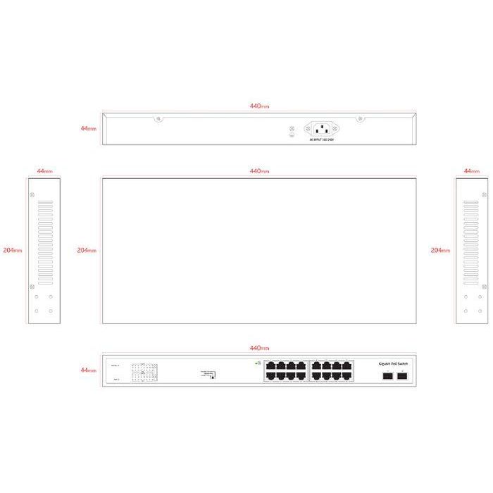 Ernitec Electra-U16-1GB-285W Conmutador PoE Gigabit no Gestionado, 16 Puertos RJ45 PoE, 2 SFP, 285W, 36Gbps 1