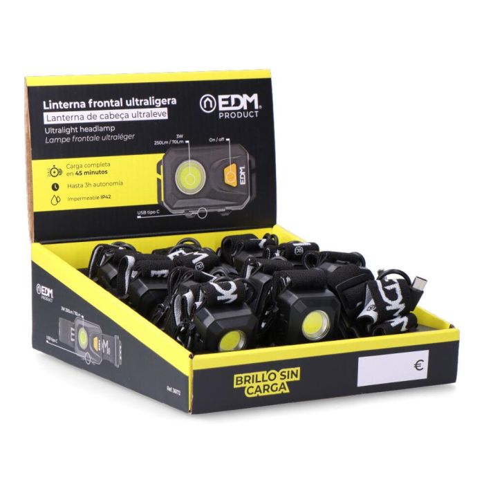 Edm Linterna frontal ultraligera 250lm, 3 modos de luz, hasta 3h de autonomía 3 Edm Linterna frontal ultraligera 250lm, 3 modos de luz, hasta 3h de autonomía 3