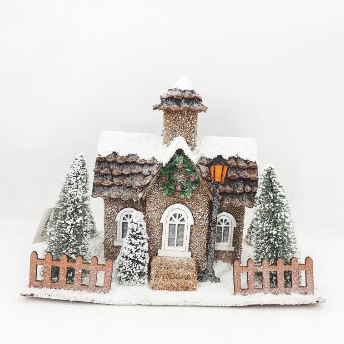 DKD Home Decor Casa Navideña Luminosa LED Estilo Alpino Natural Blanco 22x29x38 cm Funciona con Pilas AA Pack 2