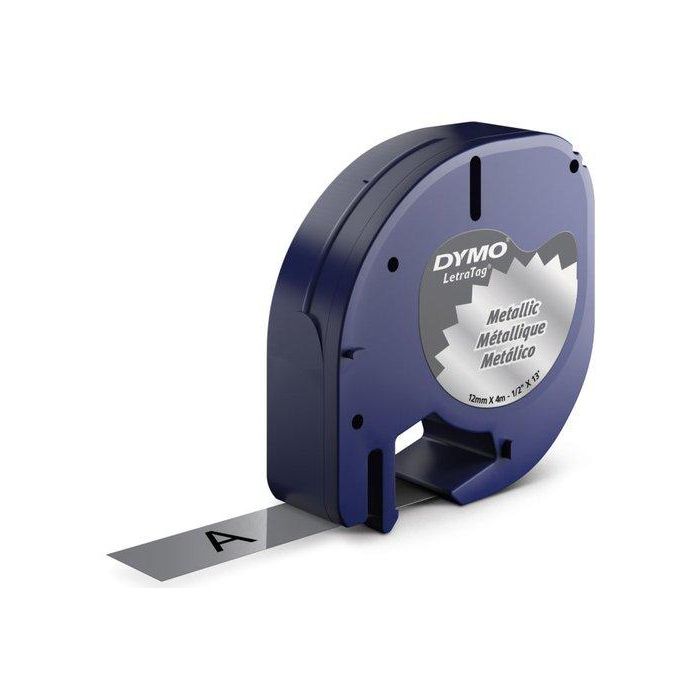 Dymo 91208 Cinta Negra - Plata Metalizada 12 mmx4M, Plástico para Rotuladora Letratag