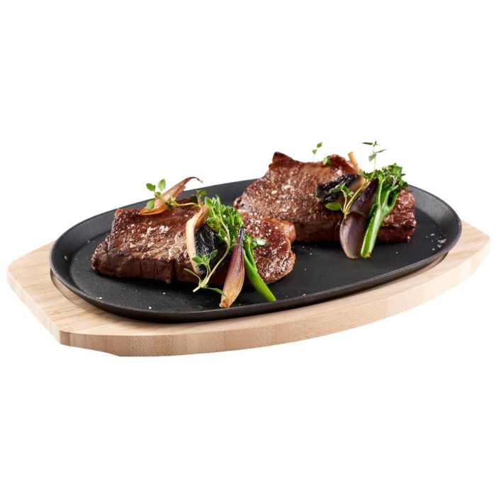 Dangrill Plato Oval Hierro Fundido 20x30 cm con Bandeja de Bambú 33x22 cm 2