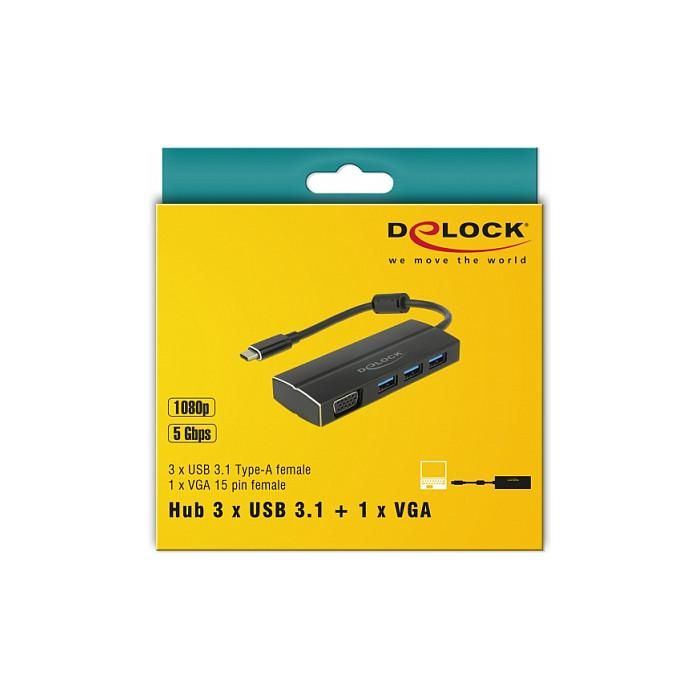 DeLOCK Adaptador USB-C a Hub USB 3.0 63932 - 3 Puertos USB-A + 1 Puerto VGA DP Alt Mode, USB 3.1 Gen 1, Plug and Play, Aluminio Negro, 0.15m 2