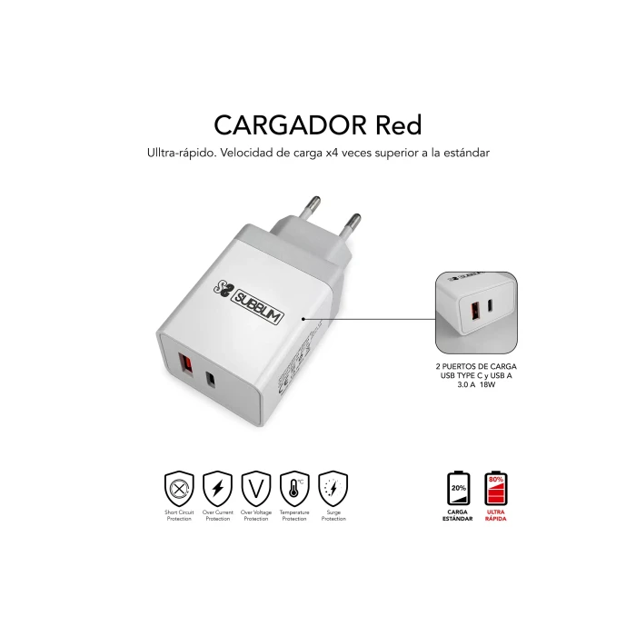 SUBBLIM CARGADOR ULTRA RAPIDO 2xUSB DE PARED PD25W+QC3.0+Cable C to C y lightning Blanco 2