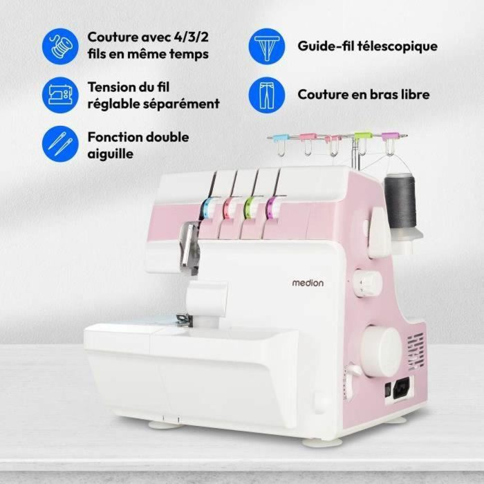 Medion MED4061275230840 Remalladora Overlock SO 90 91W 1200 rpm para costura doméstica con luz LED, agujas 11, 14, 16, rosa 2