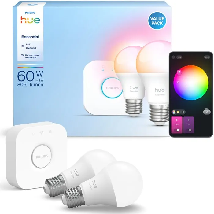 Philips Hue Kit de Inicio con Puente y 2 Bombillas A60 de Luz Blanca y de Color AABPO48475