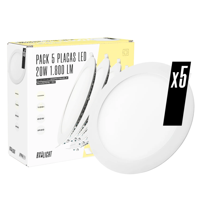 BX3 Light Pack 5 Placas LED Circular 20W 1800 Lm Blanco Frío 6000K 40000H Empetrable [BX3-1011P5-W/BX3-1027P5-CW]