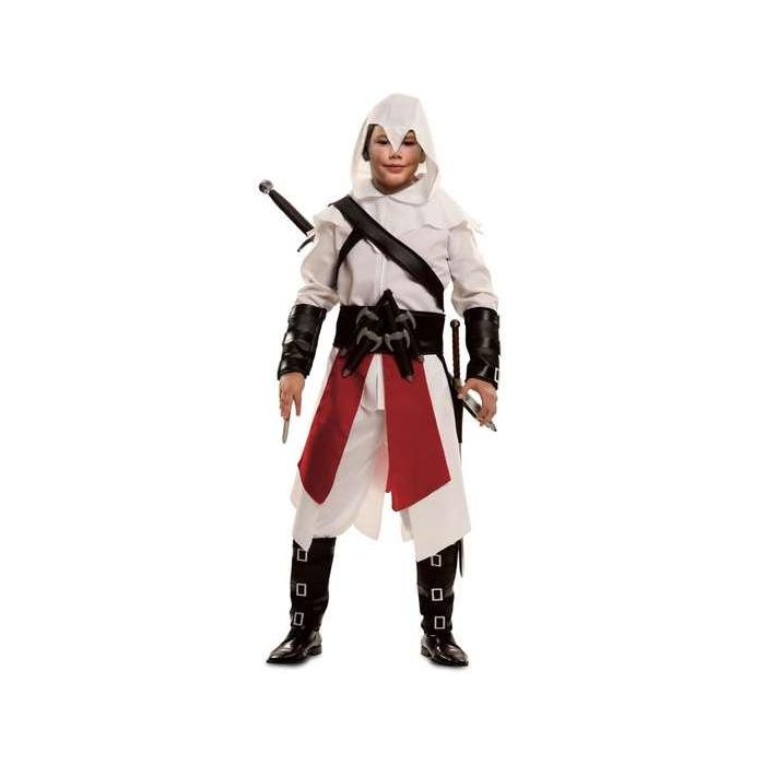 Disfraz asesino blanco 5-6(capucha,camisa,pantalón,faldón,bandolera,cinturón,brazalete y espinillera Disfraz asesino blanco 5-6(capucha,camisa,pantalón,faldón,bandolera,cinturón,brazalete y espinillera