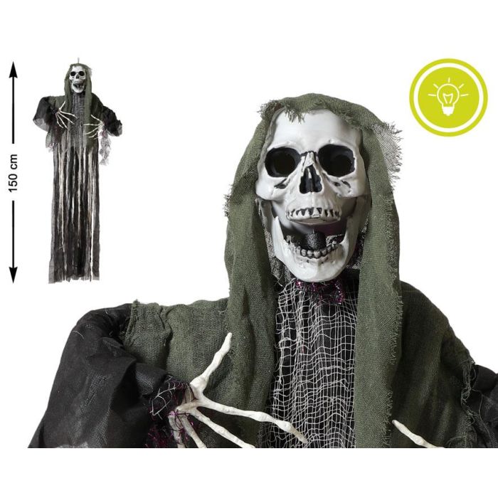 Esqueleto Colgante Con Túnica Verde 150 cm Y Luz Para Decoración Tenebrosa