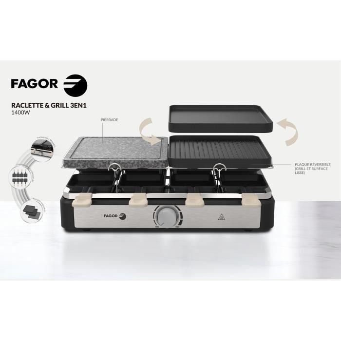 Raclette/Grill - FAGOR - FGRG8 - 8 personas - Piedra para cocinar - 1400W - Termostato regulable 3