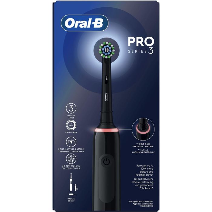 Braun Oral-B Cepillo Dental Eléctrico Pro 3 3000 Negro con 1 Recambio y Sensor de Presión 360º, 3 Modos de Limpieza 1