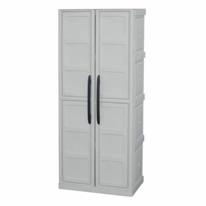 Tood Armario alto de resina con 3 estantes y portaescobillas, 2 puertas, color topo/crudo, 70x39x165 cm 1