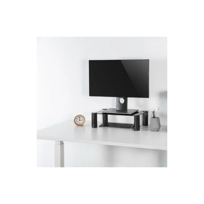 Aisens Soporte Elevador para Monitor y Portátil de Cristal Templado Negro, Regulable en Altura hasta 124mm y Carga Máxima 20kg
