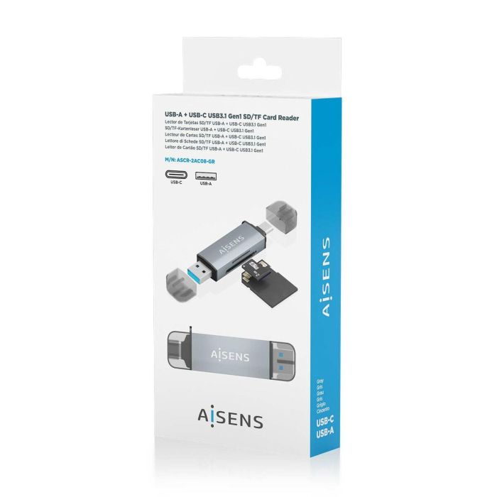 AISENS ASCR-2AC08-GR MultiLector Externo USB 3.1 Gen1 SD, Micro SD, MMC, SIM, USB-A y USB-C, Gris