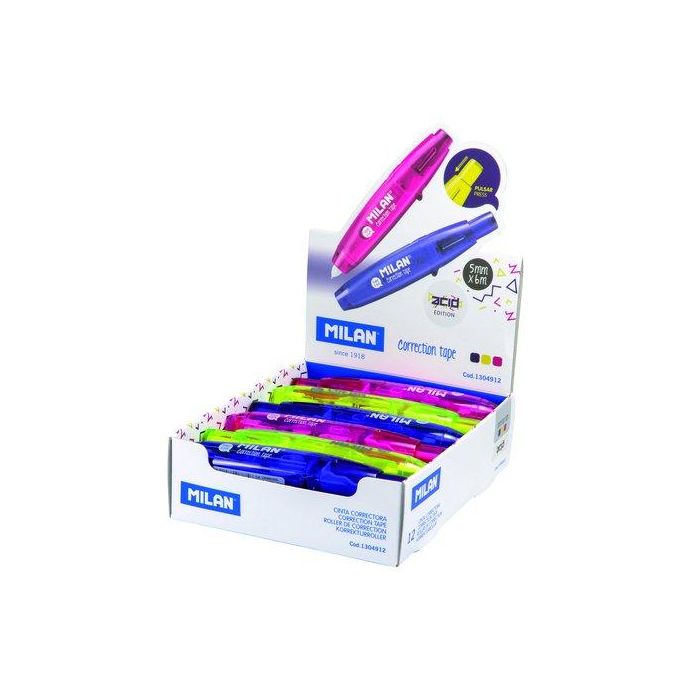 Corrector Cinta Milan 5 Mm X 6 M Con Pulsador Acid Surtido Expositor De 12