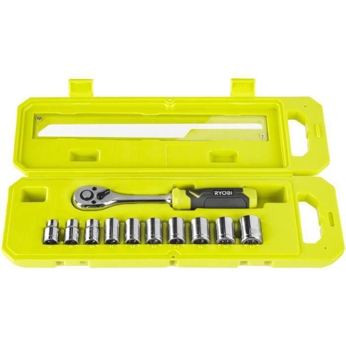 Caja de 1 llave de 90 dientes (ángulo de 4°) y 10 vasos de 3/8'' (de 8 a 15 mm, 16 y 17 mm) - Caja compatible con Ryobi LINK 2 Caja de 1 llave de 90 dientes (ángulo de 4°) y 10 vasos de 3/8'' (de 8 a 15 mm, 16 y 17 mm) - Caja compatible con Ryobi LINK 2