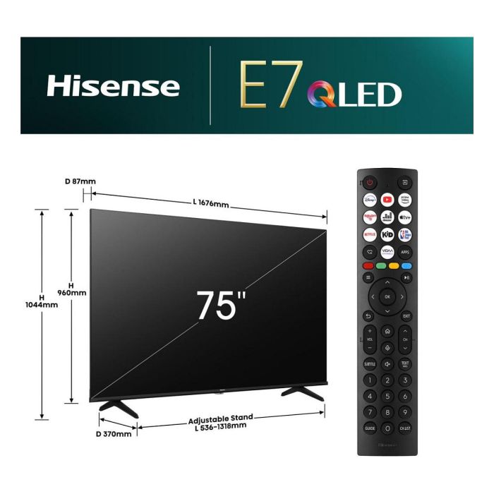 Hisense 75E77NQ | Televisor 75" (190,5 cm) 4K Ultra HD QLED Smart TV, 144 Hz, HDR10+, Dolby Atmos, VIDAA, Wi-Fi, Bluetooth, Negro 1