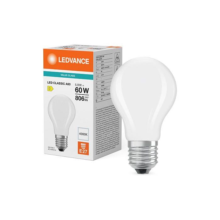 OSRAM LED Classic A 60 Filament 5.9W 840 Blanco Neutro 4000K E27 Frosted - Sustituye 60W, 806lm, Clase D