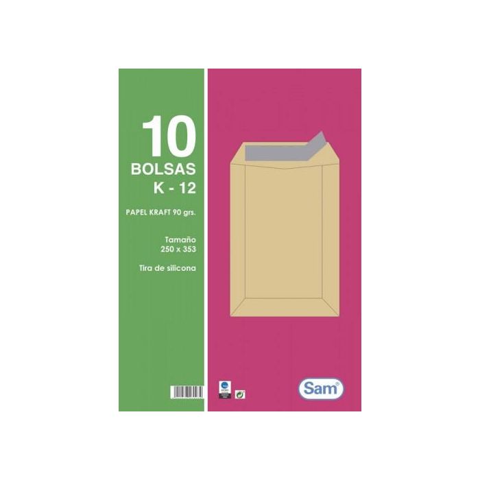 Paquetes de 10 Bolsas Kraft, con Tira de Silicona Tamaño 250X353 90 Grs. Sam 665101