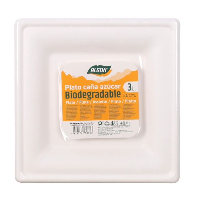 Set de 3 Platos Biodegradables Cuadrados 26 cm Algon (24 Cajas) 3 Set de 3 Platos Biodegradables Cuadrados 26 cm Algon (24 Cajas) 3