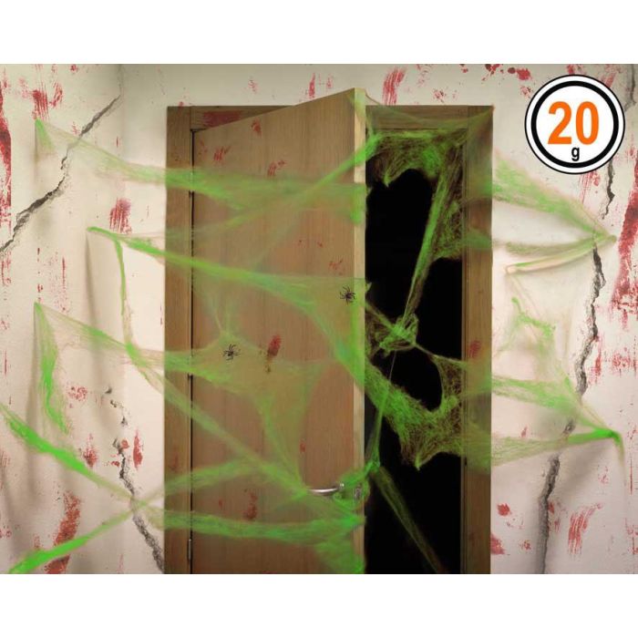 Telaraña Verde con 2 Arañas Negras 20 gr Decoración Halloween 1