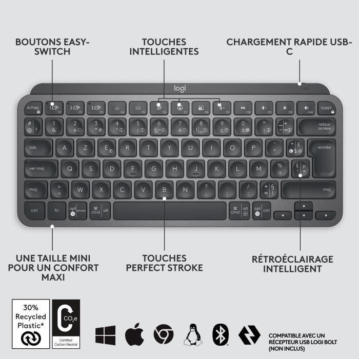 Teclado inalámbrico Logitech - MX Keys Mini - GRAFITO - Compacto, Bluetooth, retroiluminado para MAC, iOS, Windows, Linux, Android 5