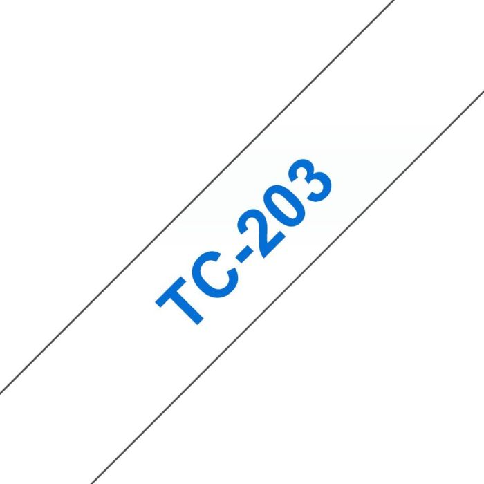 Brother TC-203 Cinta Laminada para P-touch, Azul sobre Blanco, 12mm x 7.7m, Compatible con P-touch PT8E PT500 PT2000