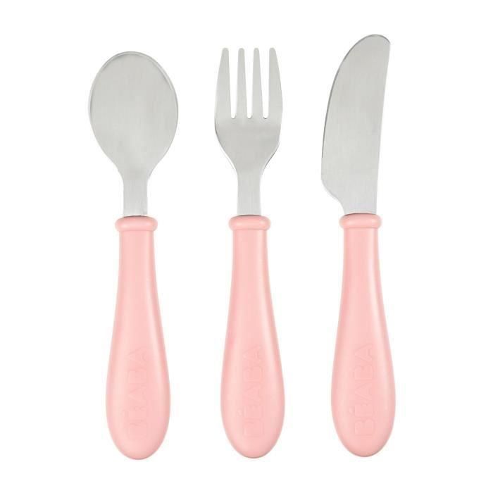 BEABA Set de 3 cubiertos antiguos de acero inoxidable rosa 1