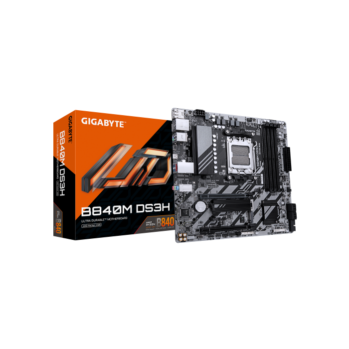 GIGABYTE B840M DS3H Placa base - Procesadores AMD Ryzen 9000, VRM de 8+2+2 fases, hasta 8200 MHz DDR5, 2xPCIe 4.0 M.2, LAN 2.5GbE, USB 3.2 Gen 1