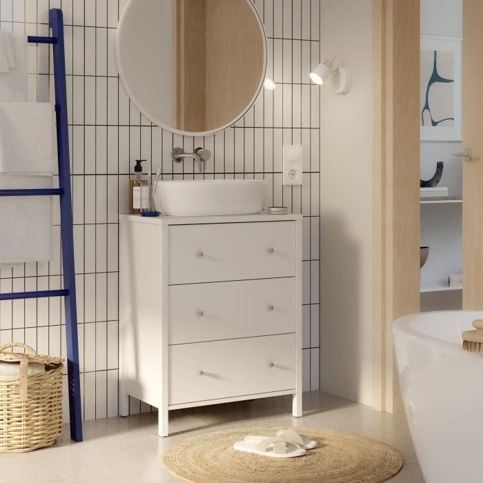 Mueble de baño - Blanco - 3 cajones - L64 x P40 x H83 cm - IPSARION 1