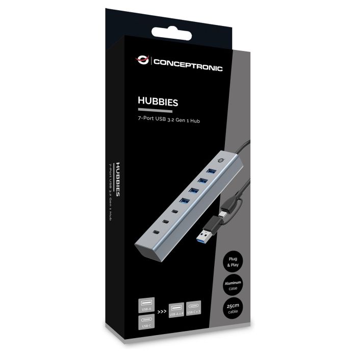 Conceptronic HUBBIES20G Hub USB 3.2 Gen 1, 7 Puertos (3x USB-C, 4x USB-A), Gris