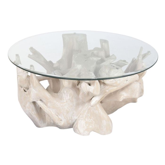 DKD Home Decor Mesa Centro Balines Indonesia 1c24 Blanco 90 x 90 x 47 cm con Cristal Raíz de Teca 1