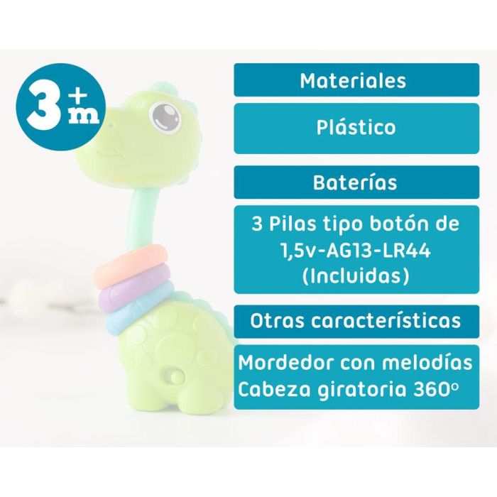 KioKids Mordedor Musical Dinosaurio Multicolor para Bebés con Sonajero, Gira 360º, Plástico Verde, Alivia Dentición +3 Meses 5