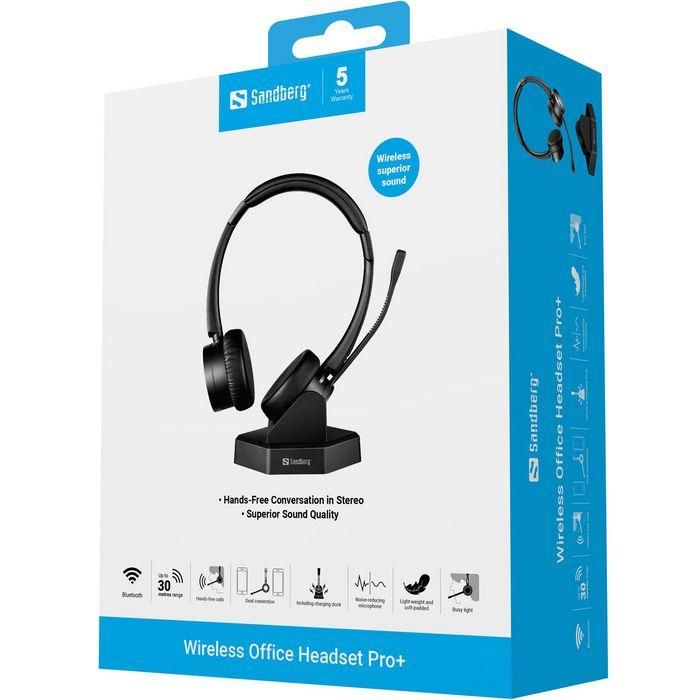Sandberg Wireless Office Headset Pro+ Auriculares Estéreo Inalámbricos para Móvil y PC con Doble Conexión y Base de Carga