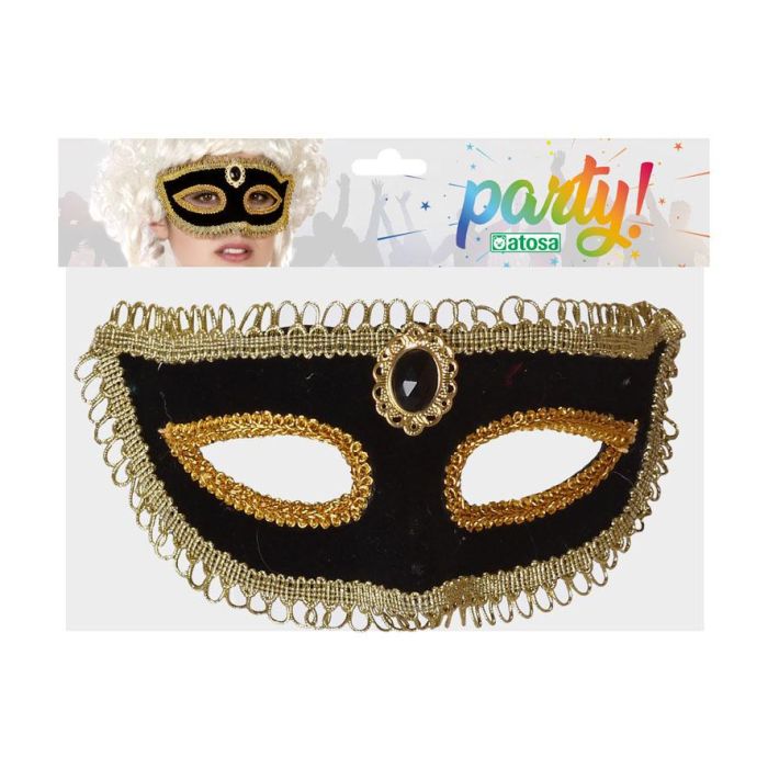 Máscara Veneciana Negro Dorada con Ribetes Dorados y Piedra Central - Accesorio para Eventos Elegantes 1