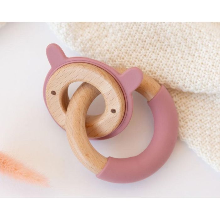 KioKids Mordedor Bebé Madera Haya y Silicona Rosa Conejo +3 Meses. Alivia Dentición y Masajea Encías. Colección Eco-friendly.