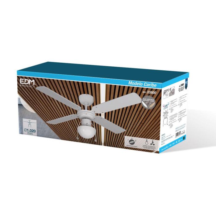 Edm Ventilador de techo modelo caribe, blanco, 50W, Ø102cm, 3 velocidades, con luz, 4 aspas 5