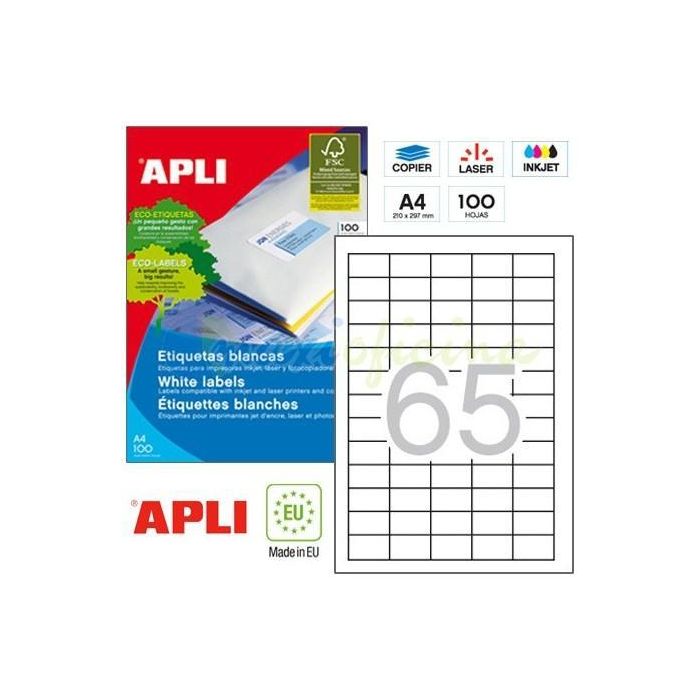 Apli Etiquetas Adhesivas 38x21,2 mm Blanco para Inkjet y Láser, 100 Hojas (6.500 Etiquetas)