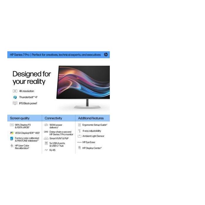 HP Monitor S7 Pro 727pk / 27" / 4K / HDMI-DisplayPort-USB(A)-USB(C) / Regulable Altura 7 HP Monitor S7 Pro 727pk / 27" / 4K / HDMI-DisplayPort-USB(A)-USB(C) / Regulable Altura 7