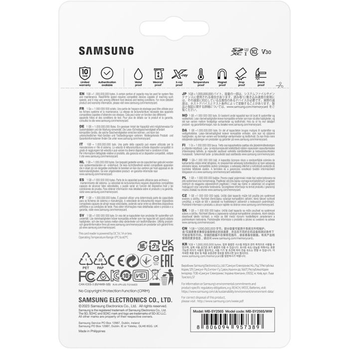 Samsung MB-SY256S Tarjeta de Memoria SDXC 256GB UHS-I Clase 10 U3 V30 Velocidad Lectura 200MB/s Escritura 130MB/s Retail 5